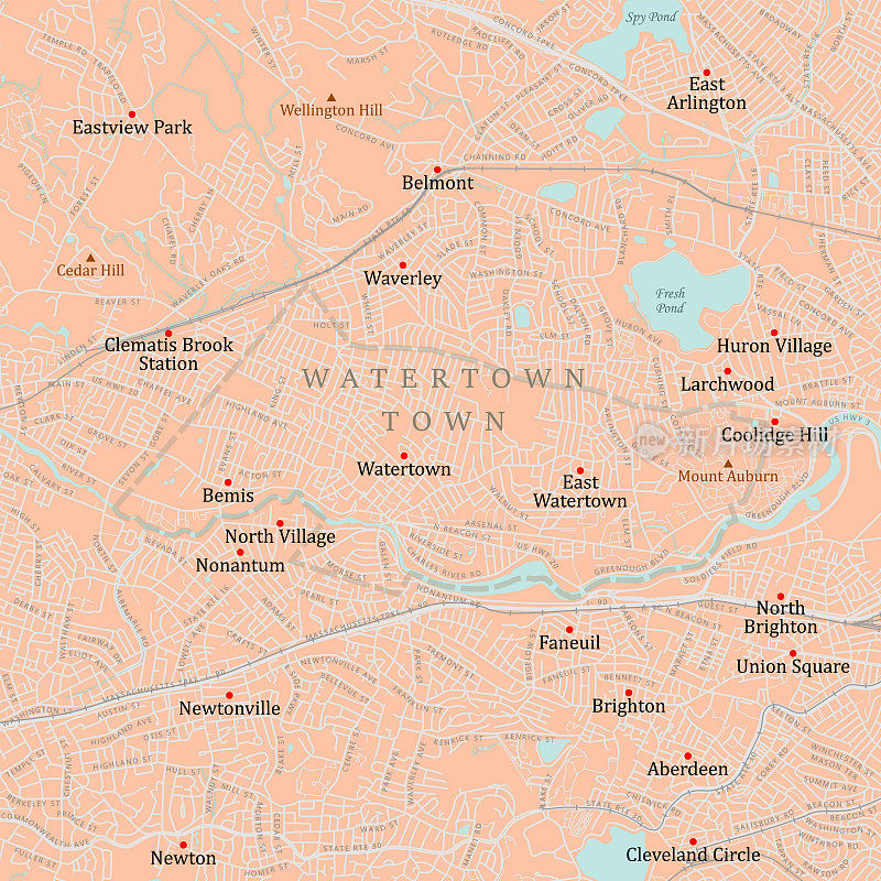 MA Middlesex Watertown Town矢量路线图